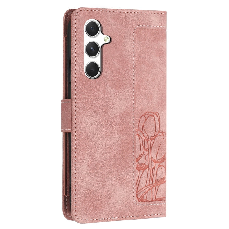 Custodia per telefono in pelle goffrata con tulipani e cordino, For Samsung Galaxy S25+ 5G, For Samsung Galaxy S25 Ultra 5G, For Samsung Galaxy S24 FE 5G, For Samsung Galaxy S24 Ultra 5G