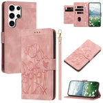 Custodia per telefono in pelle goffrata con tulipani e cordino, For Samsung Galaxy S25+ 5G, For Samsung Galaxy S25 Ultra 5G, For Samsung Galaxy S24 FE 5G, For Samsung Galaxy S24 Ultra 5G