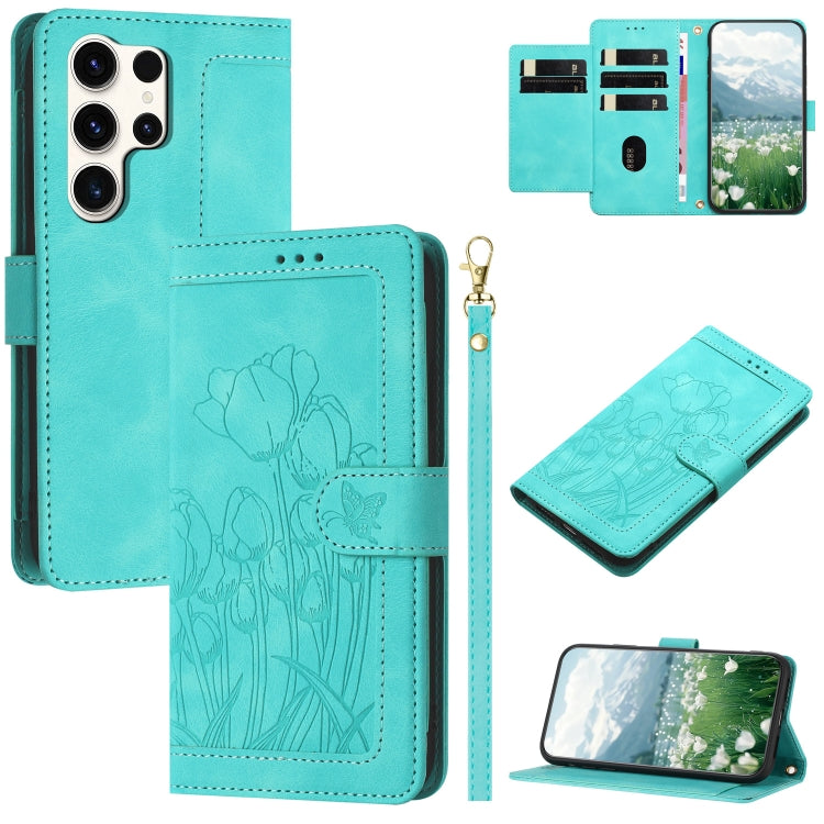Custodia per telefono in pelle goffrata con tulipani e cordino, For Samsung Galaxy S25+ 5G, For Samsung Galaxy S25 Ultra 5G, For Samsung Galaxy S24 FE 5G, For Samsung Galaxy S24 Ultra 5G