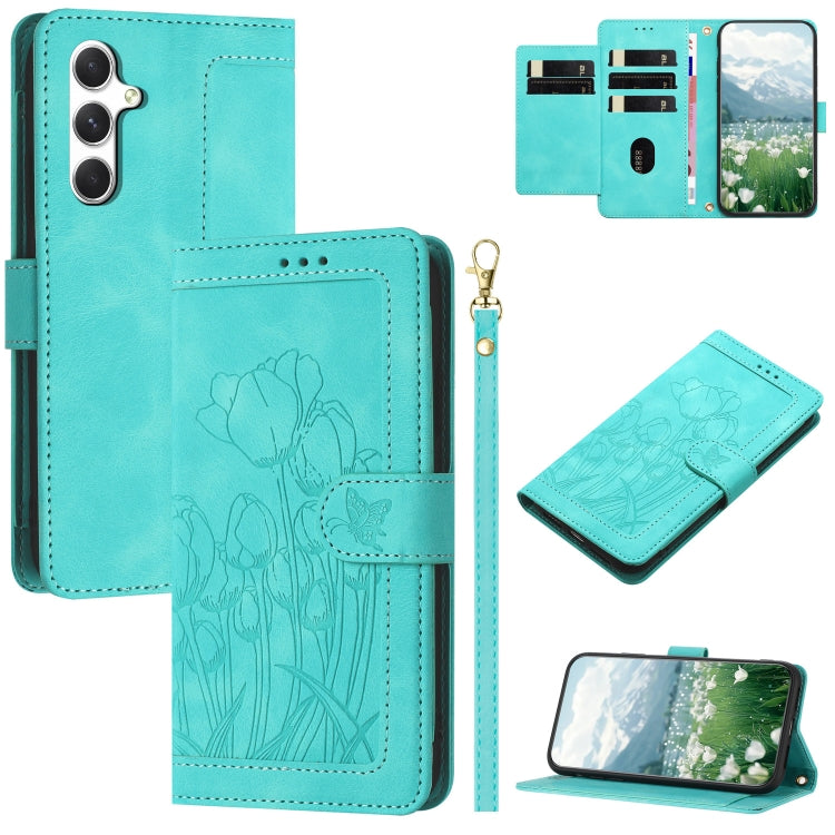 Custodia per telefono in pelle goffrata con tulipani e cordino, For Samsung Galaxy S24+ 5G, For Samsung Galaxy S24 5G, For Samsung Galaxy S23 FE 5G, For Samsung Galaxy S23 Ultra 5G