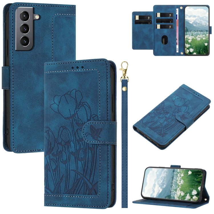 Custodia per telefono in pelle goffrata con tulipani e cordino, For Samsung Galaxy S22+ 5G, For Samsung Galaxy S22 5G, For Samsung Galaxy S21 FE 5G, For Samsung Galaxy S21 5G