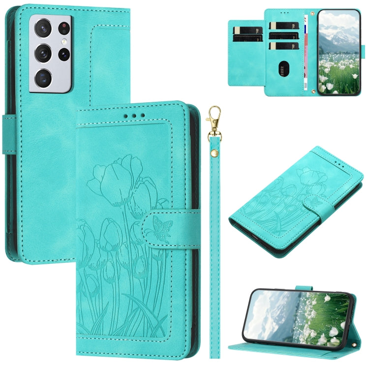 Custodia per telefono in pelle goffrata con tulipani e cordino, For Samsung Galaxy S21+ 5G, For Samsung Galaxy S21 Ultra 5G