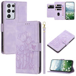 Custodia per telefono in pelle goffrata con tulipani e cordino, For Samsung Galaxy S21+ 5G, For Samsung Galaxy S21 Ultra 5G