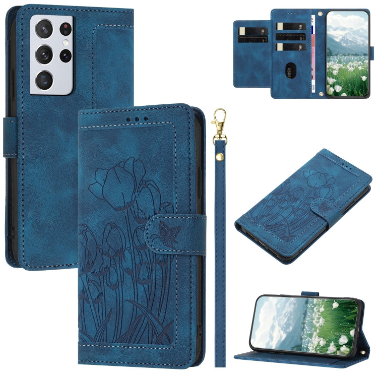 Custodia per telefono in pelle goffrata con tulipani e cordino, For Samsung Galaxy S21+ 5G, For Samsung Galaxy S21 Ultra 5G