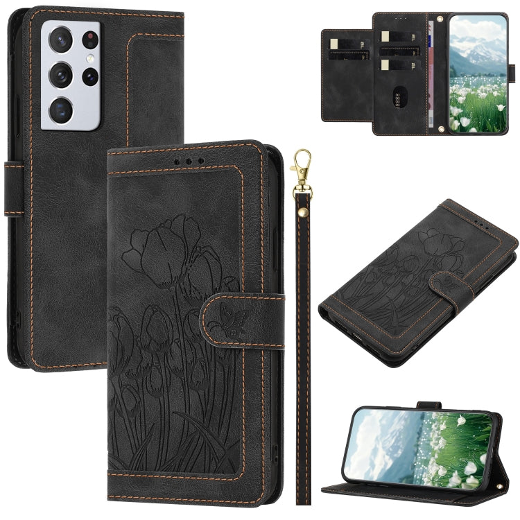 Custodia per telefono in pelle goffrata con tulipani e cordino, For Samsung Galaxy S21+ 5G, For Samsung Galaxy S21 Ultra 5G