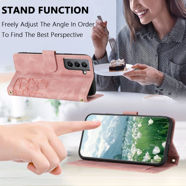 Custodia per telefono in pelle goffrata con tulipani e cordino, For Samsung Galaxy S21+ 5G, For Samsung Galaxy S21 Ultra 5G
