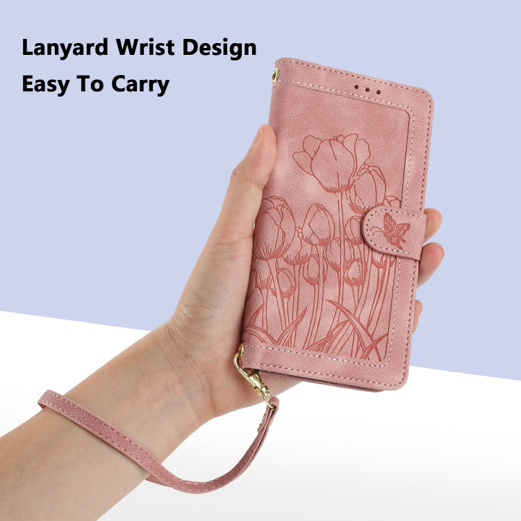 Custodia per telefono in pelle goffrata con tulipani e cordino, For Samsung Galaxy S21+ 5G, For Samsung Galaxy S21 Ultra 5G