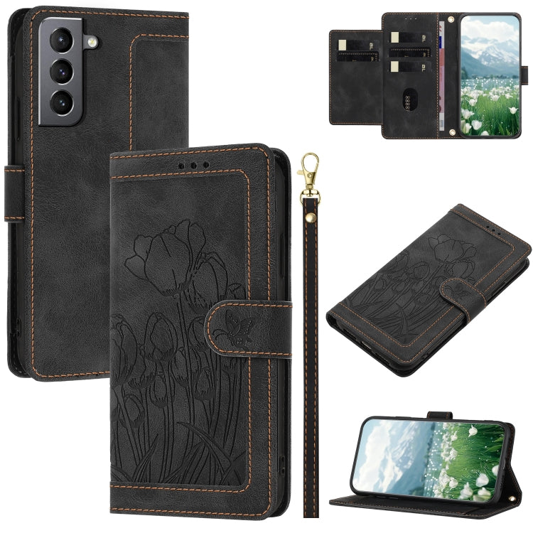 Custodia per telefono in pelle goffrata con tulipani e cordino, For Samsung Galaxy S21+ 5G, For Samsung Galaxy S21 Ultra 5G