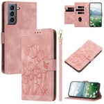 Custodia per telefono in pelle goffrata con tulipani e cordino, For Samsung Galaxy S22+ 5G, For Samsung Galaxy S22 5G, For Samsung Galaxy S21 FE 5G, For Samsung Galaxy S21 5G