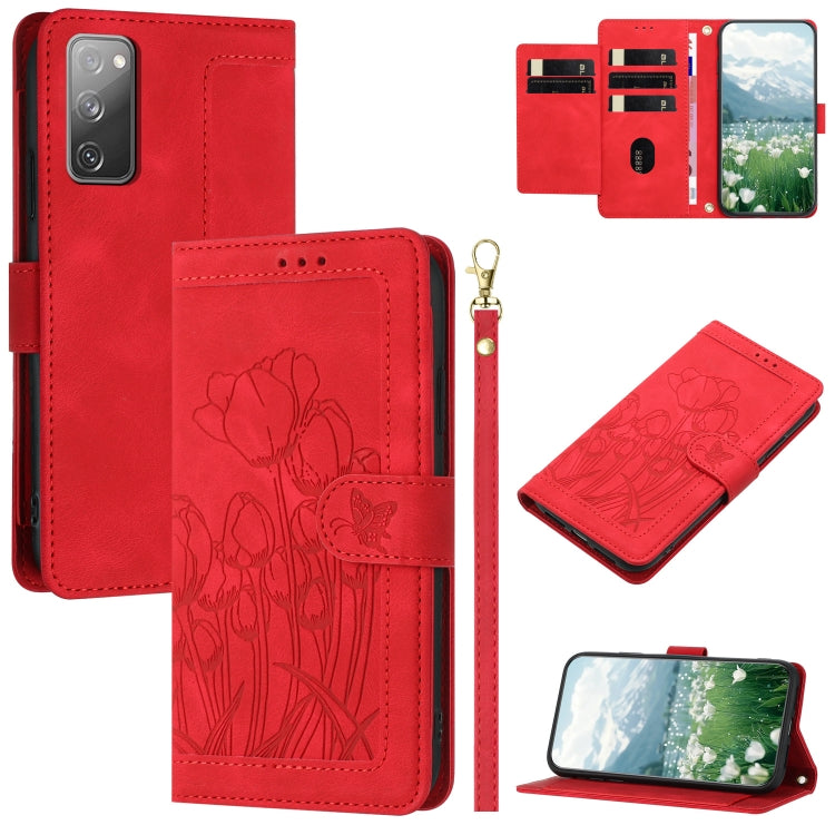 Custodia per telefono in pelle goffrata con tulipani e cordino, For Samsung Galaxy S23+ 5G, For Samsung Galaxy S23 5G, For Samsung Galaxy S20 FE, For Samsung Galaxy S22 Ultra 5G