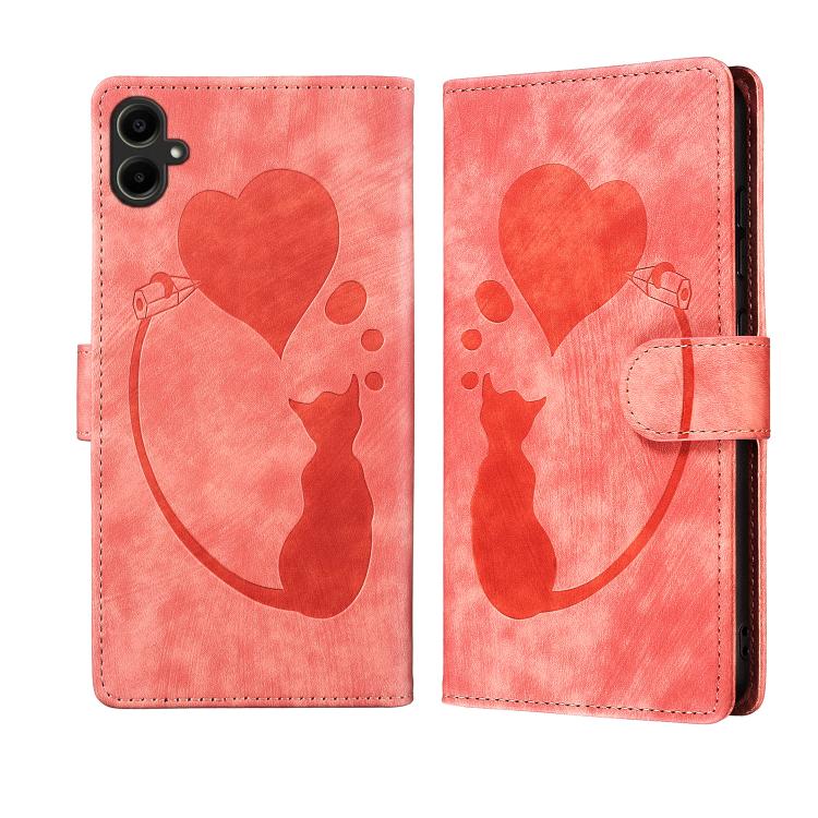 Custodia per telefono in pelle goffrata con motivo a cuore e gatto, For Samsung Galaxy A57 5G, For Samsung Galaxy A37 5G, For Galaxy A27 5G, For Samsung Galaxy A07 4G / A06 4G
