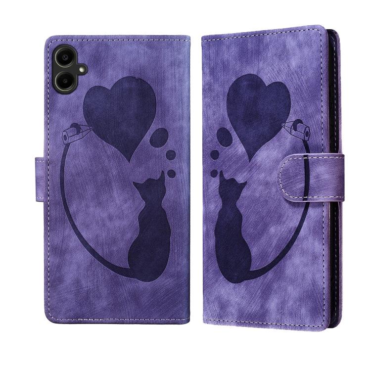 Custodia per telefono in pelle goffrata con motivo a cuore e gatto, For Samsung Galaxy A57 5G, For Samsung Galaxy A37 5G, For Galaxy A27 5G, For Samsung Galaxy A07 4G / A06 4G