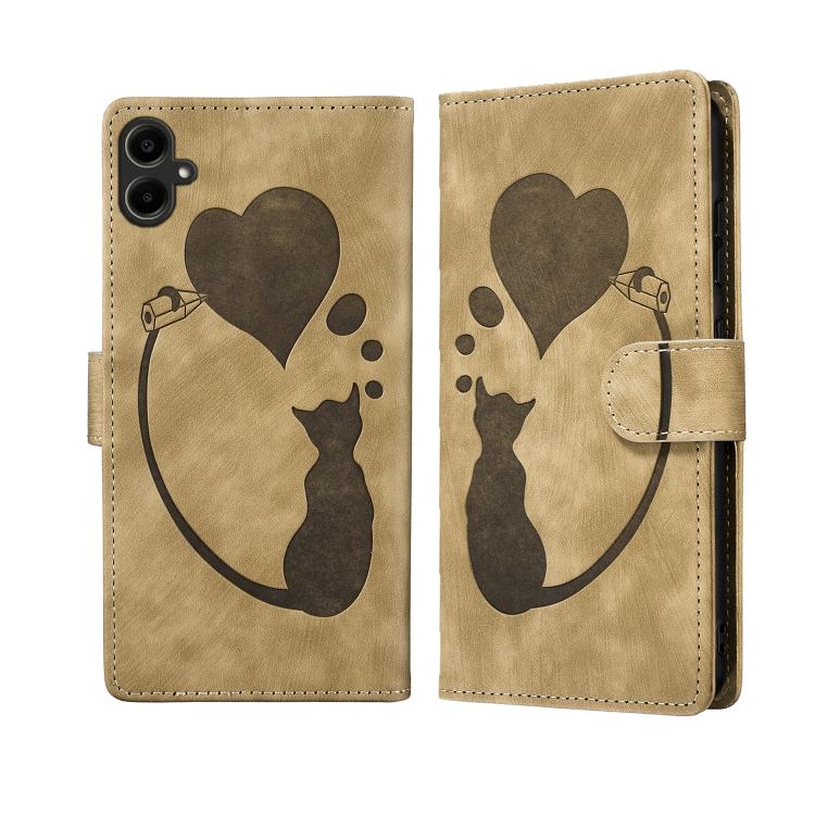 Custodia per telefono in pelle goffrata con motivo a cuore e gatto, For Samsung Galaxy A57 5G, For Samsung Galaxy A37 5G, For Galaxy A27 5G, For Samsung Galaxy A07 4G / A06 4G