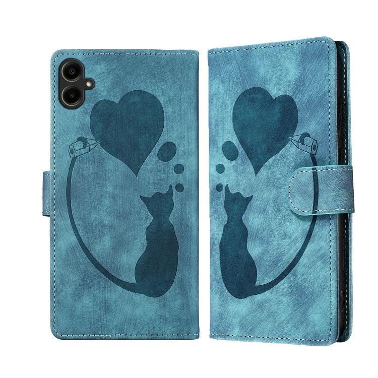 Custodia per telefono in pelle goffrata con motivo a cuore e gatto, For Samsung Galaxy A57 5G, For Samsung Galaxy A37 5G, For Galaxy A27 5G, For Samsung Galaxy A07 4G / A06 4G