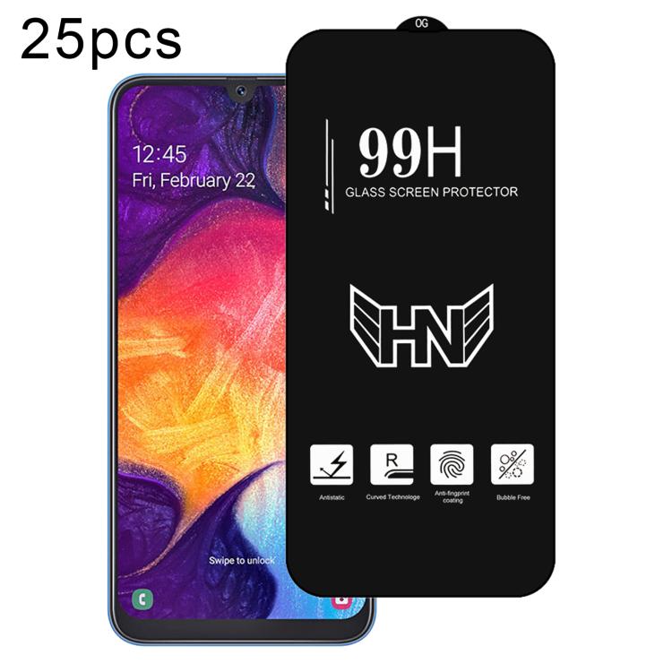 25 pezzi di pellicola in vetro temperato a schermo intero con grande arco in alluminio, For Samsung Galaxy A20, For Samsung Galaxy A50, For Samsung Galaxy A30