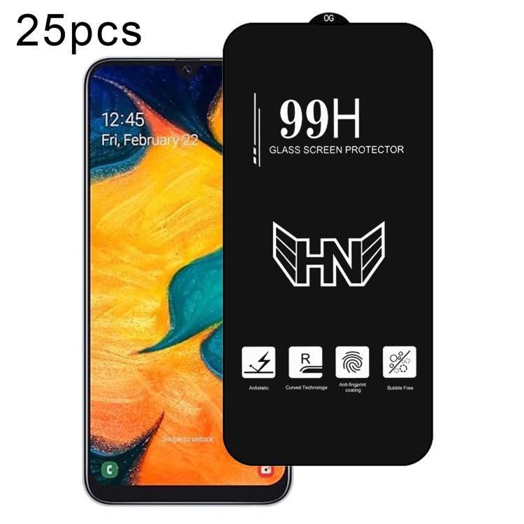 25 pezzi di pellicola in vetro temperato a schermo intero con grande arco in alluminio, For Samsung Galaxy A20, For Samsung Galaxy A50, For Samsung Galaxy A30