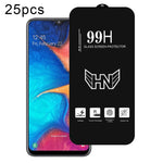 25 pezzi di pellicola in vetro temperato a schermo intero con grande arco in alluminio, For Samsung Galaxy A20, For Samsung Galaxy A50, For Samsung Galaxy A30