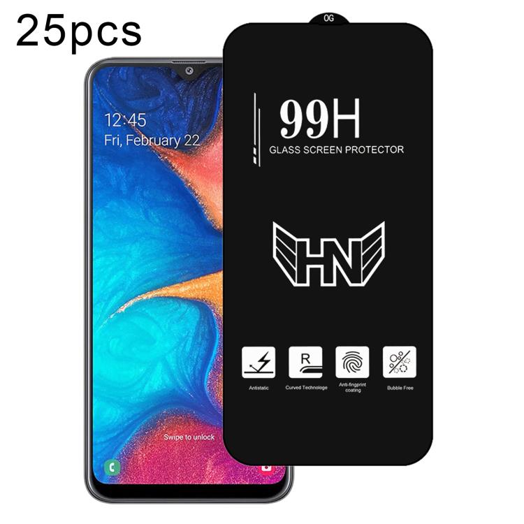 25 pezzi di pellicola in vetro temperato a schermo intero con grande arco in alluminio, For Samsung Galaxy A20, For Samsung Galaxy A50, For Samsung Galaxy A30