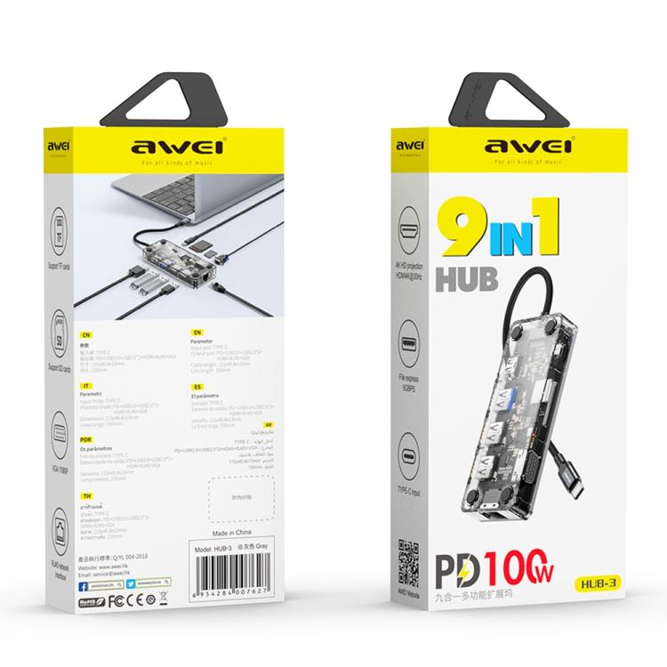 Adattatore HUB multifunzione 9 in 1 di tipo C awei HUB-3, HUB-3