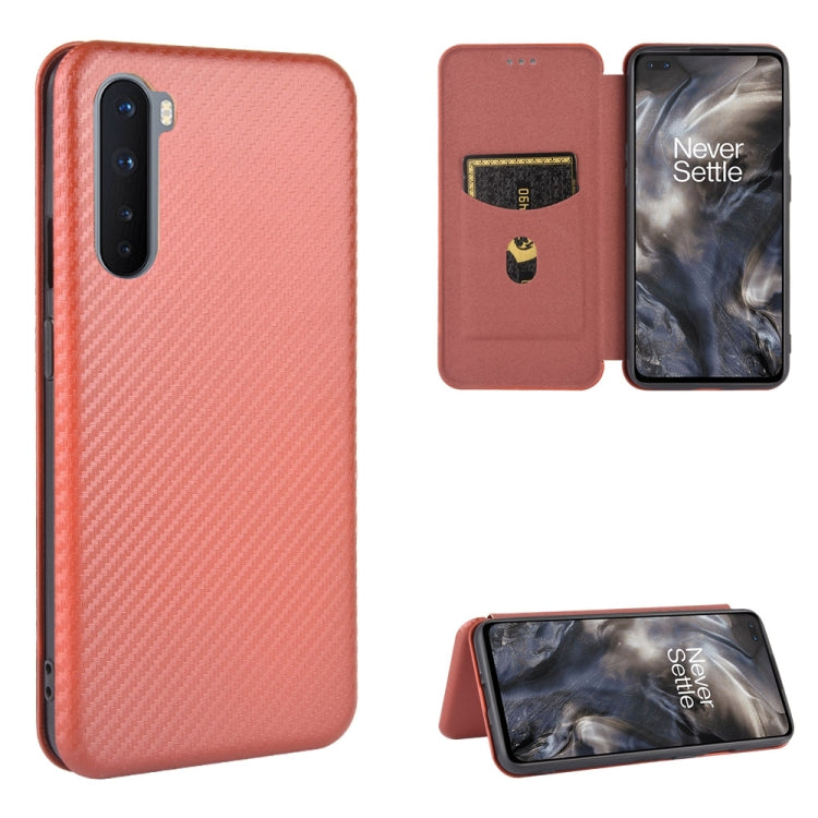 Struttura in fibra di carbonio Flip orizzontale magnetico Custodia in pelle TPU + PC + PU con slot per schede, For OnePlus 8, For OnePlus 8 Pro, For OnePlus Nord