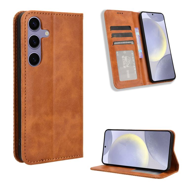 Custodia per telefono in pelle con texture retrò e fibbia magnetica, For Samsung Galaxy S25+ 5G, For Samsung Galaxy S25 Ultra 5G, For Samsung Galaxy S24 FE 5G