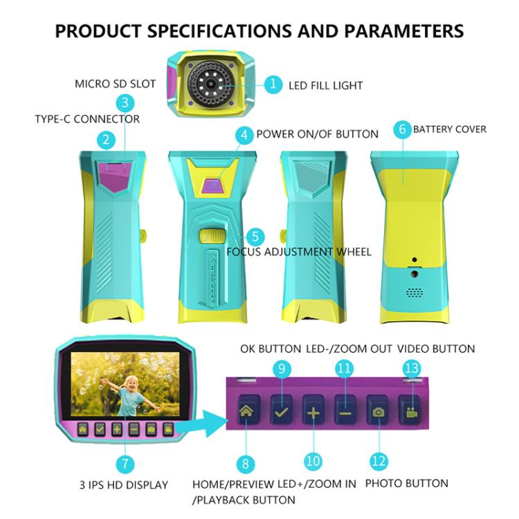 Microscopio per bambini con schermo HD da 3 pollici X1, ingrandimento 800X, X1