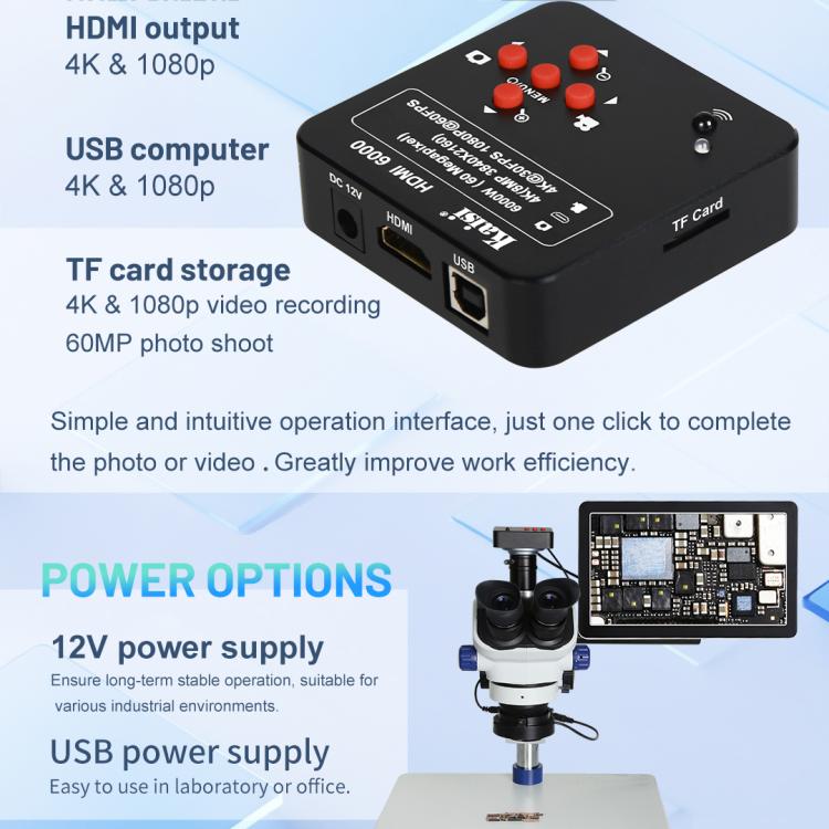 Kaisi HDMI 6000 HDMI / USB doppia interfaccia 60MP 4K Ultra HD microscopio telecamera industriale, Kaisi HDMI 6000 US Plug, Kaisi HDMI 6000 EU Plug