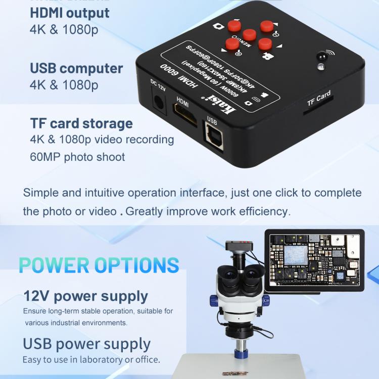 Kaisi HDMI 6000 HDMI/USB Dual Interface 60MP 4K Ultra HD Microscope Industrial Camera, US Plug, EU Plug