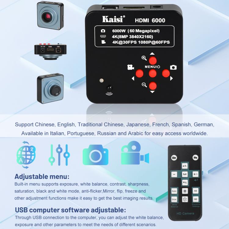 Kaisi HDMI 6000 HDMI / USB doppia interfaccia 60MP 4K Ultra HD microscopio telecamera industriale, Kaisi HDMI 6000 US Plug, Kaisi HDMI 6000 EU Plug