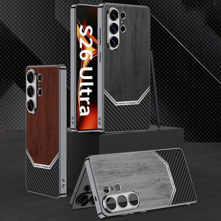 Custodia per telefono con copertura completa in pelle e struttura in legno GKK Plating, For Samsung Galaxy S26 Ultra 5G, For Samsung Galaxy S25 Ultra 5G