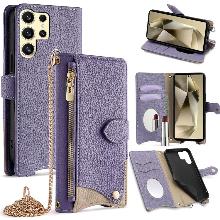 Custodia per telefono in pelle Litchi a coda di pesce con catena a tracolla, For Samsung Galaxy S25+ 5G, For Samsung Galaxy S25 Ultra 5G, For Samsung Galaxy S24 Ultra 5G, For Samsung Galaxy S24+ 5G