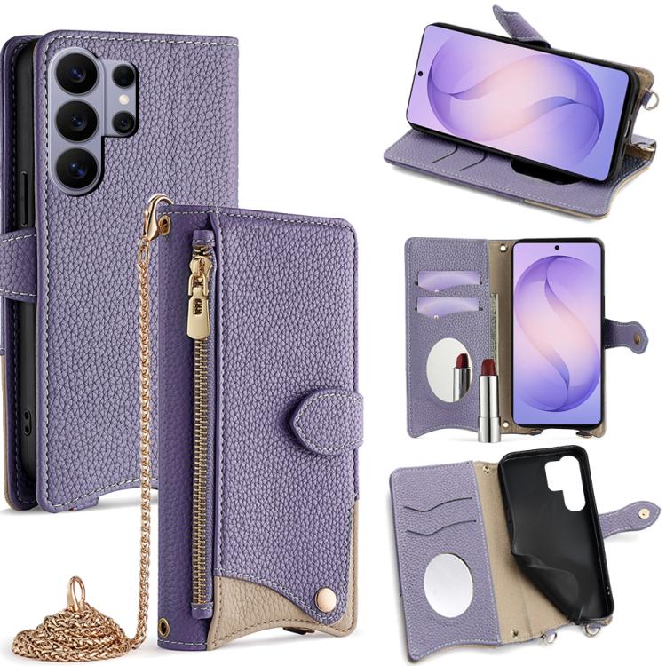 Custodia per telefono in pelle Litchi a coda di pesce con catena a tracolla, For Samsung Galaxy S26+ 5G, For Samsung Galaxy S26 Ultra 5G, For Samsung Galaxy S26 5G, For Samsung Galaxy S25 5G