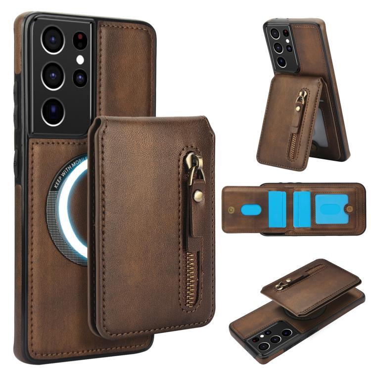 Custodia per telefono con cerniera e MagSafe in pelle divisa, For Samsung Galaxy S21 5G, For Samsung Galaxy S21+ 5G, For Samsung Galaxy S21 Ultra 5G