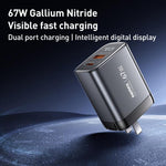 Caricabatterie rapido REMAX U2-AC 67W USB e Type-C GaN con display digitale, EU Plug, UK Plug