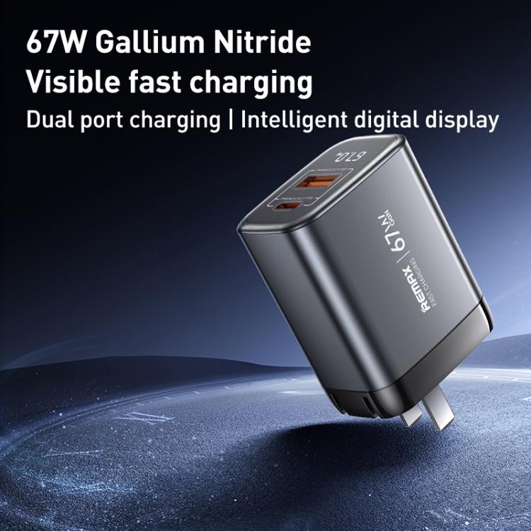 Caricabatterie rapido REMAX U2-AC 67W USB e Type-C GaN con display digitale, EU Plug, UK Plug