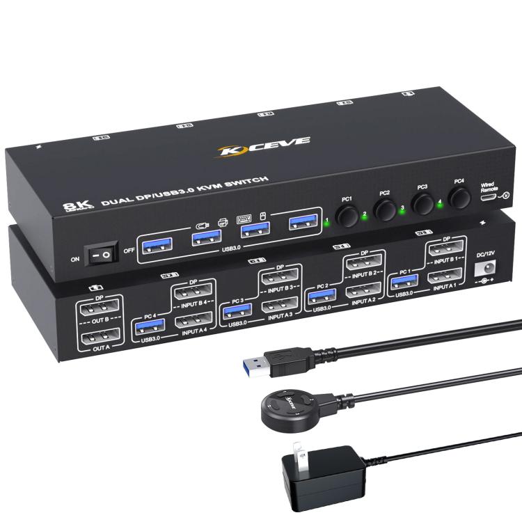 KC-KVM402DP 8K 30Hz 4 ingressi 2 uscite DP / USB3.0 Switch KVM per doppio monitor, US Plug, EU Plug, UK Plug, AU Plug