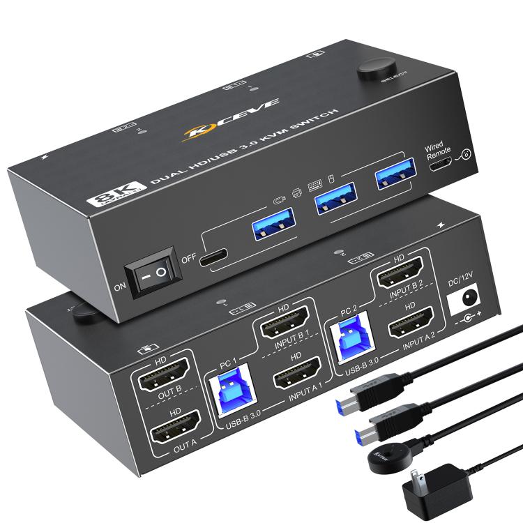 KC-KVM8202 Switch KVM doppio monitor USB3.0/HDMI a 2 porte 8K 60Hz, US Plug, EU Plug, UK Plug, AU Plug