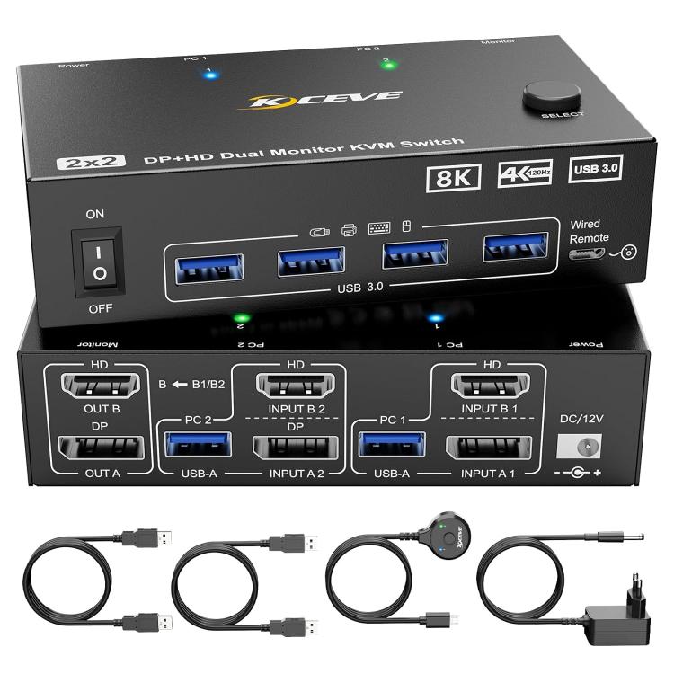 KC-KVM8202DH Switch KVM per doppio monitor HDMI e DP e USB3.0 8K 60Hz, US Plug, EU Plug, UK Plug, AU Plug