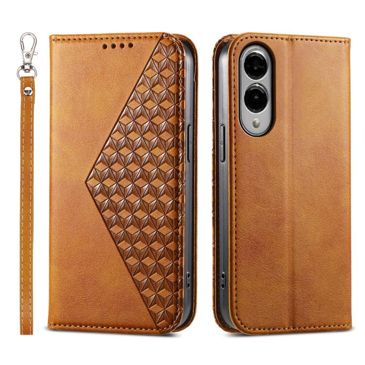 Custodia per telefono in pelle con texture a griglia cubica effetto vitello, con chiusura magnetica., For Galaxy S26 5G, For Galaxy S25 FE 5G, For Galaxy S25 Edge 5G