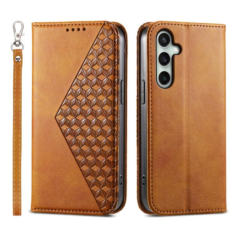 Custodia per telefono in pelle con texture a griglia cubica effetto vitello, con chiusura magnetica., For Galaxy S26 5G, For Galaxy S25 FE 5G, For Galaxy S25 Edge 5G