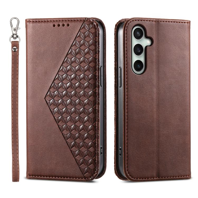 Custodia per telefono in pelle con texture a griglia cubica effetto vitello, con chiusura magnetica., For Galaxy S26 5G, For Galaxy S25 FE 5G, For Galaxy S25 Edge 5G