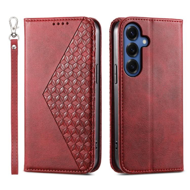 Custodia per telefono in pelle con texture a griglia cubica effetto vitello, con chiusura magnetica., For Galaxy S26 FE 5G, For Galaxy S26+ 5G, For Galaxy S26 Edge 5G, For Galaxy S26 Ultra 5G