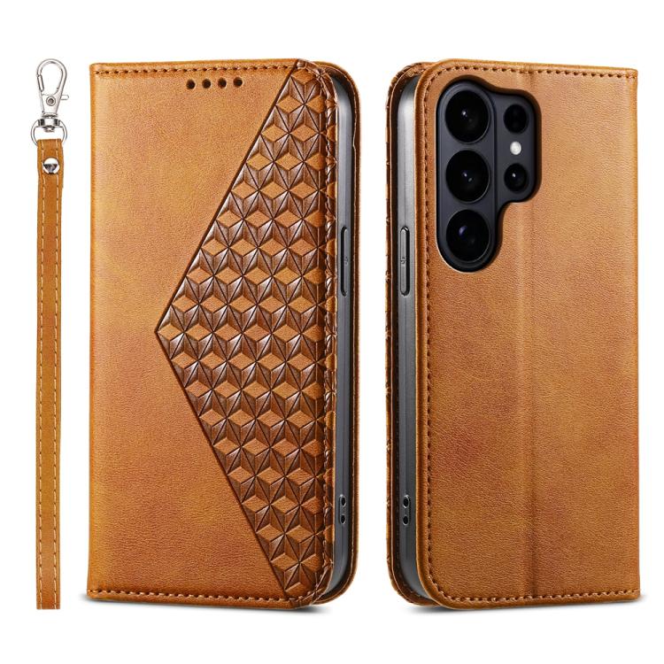 Custodia per telefono in pelle con texture a griglia cubica effetto vitello, con chiusura magnetica., For Galaxy S26 FE 5G, For Galaxy S26+ 5G, For Galaxy S26 Edge 5G, For Galaxy S26 Ultra 5G