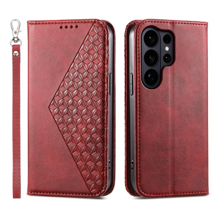 Custodia per telefono in pelle con texture a griglia cubica effetto vitello, con chiusura magnetica., For Galaxy S26 FE 5G, For Galaxy S26+ 5G, For Galaxy S26 Edge 5G, For Galaxy S26 Ultra 5G
