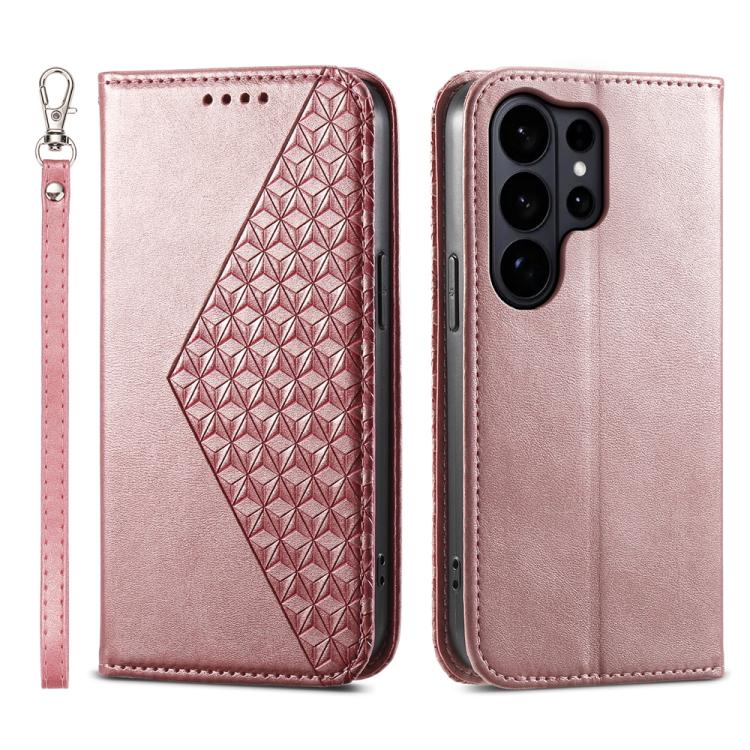 Custodia per telefono in pelle con texture a griglia cubica effetto vitello, con chiusura magnetica., For Galaxy S26 FE 5G, For Galaxy S26+ 5G, For Galaxy S26 Edge 5G, For Galaxy S26 Ultra 5G