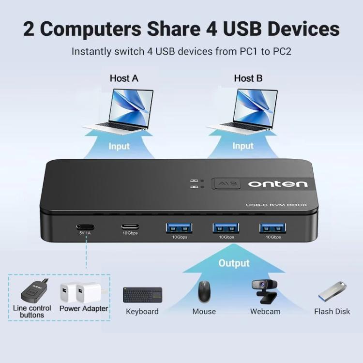 Onten KVM200 USB 3.2 Gen2 Sharing Switch 2 In 4 Out, KVM200