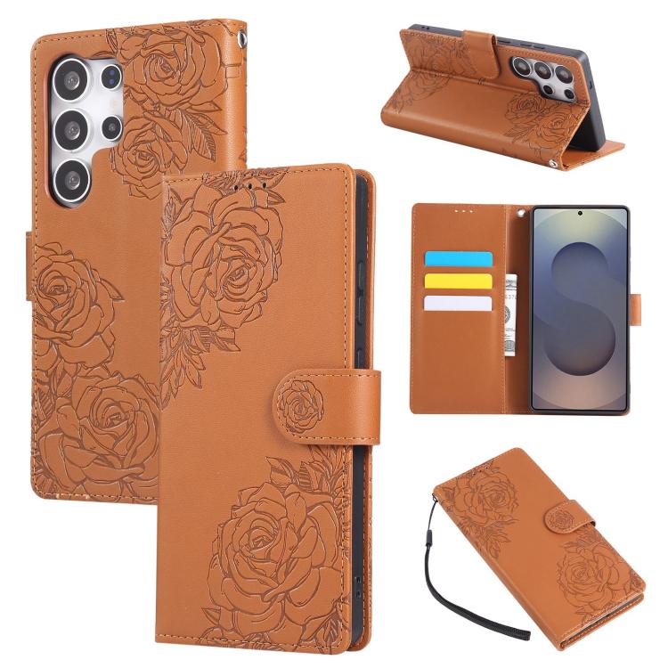 Custodia per telefono in pelle con tre scomparti per carte e motivo a rosa in rilievo., For Samsung Galaxy S25 Edge 5G, For Samsung Galaxy S25 / S24 5G, For Samsung Galaxy S25+ / S24+ 5G, For Samsung Galaxy S25 Ultra 5G