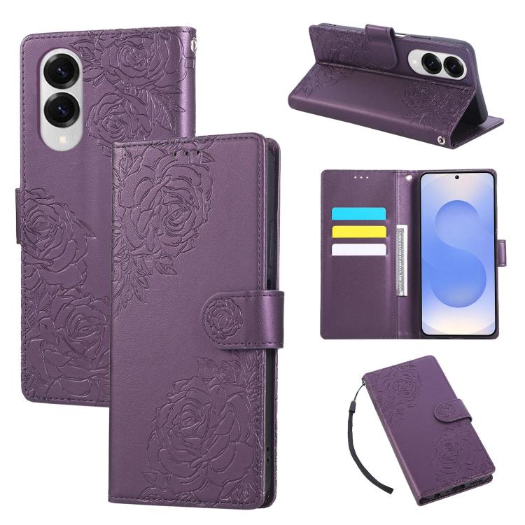 Custodia per telefono in pelle con tre scomparti per carte e motivo a rosa in rilievo., For Samsung Galaxy S25 Edge 5G, For Samsung Galaxy S25 / S24 5G, For Samsung Galaxy S25+ / S24+ 5G, For Samsung Galaxy S25 Ultra 5G