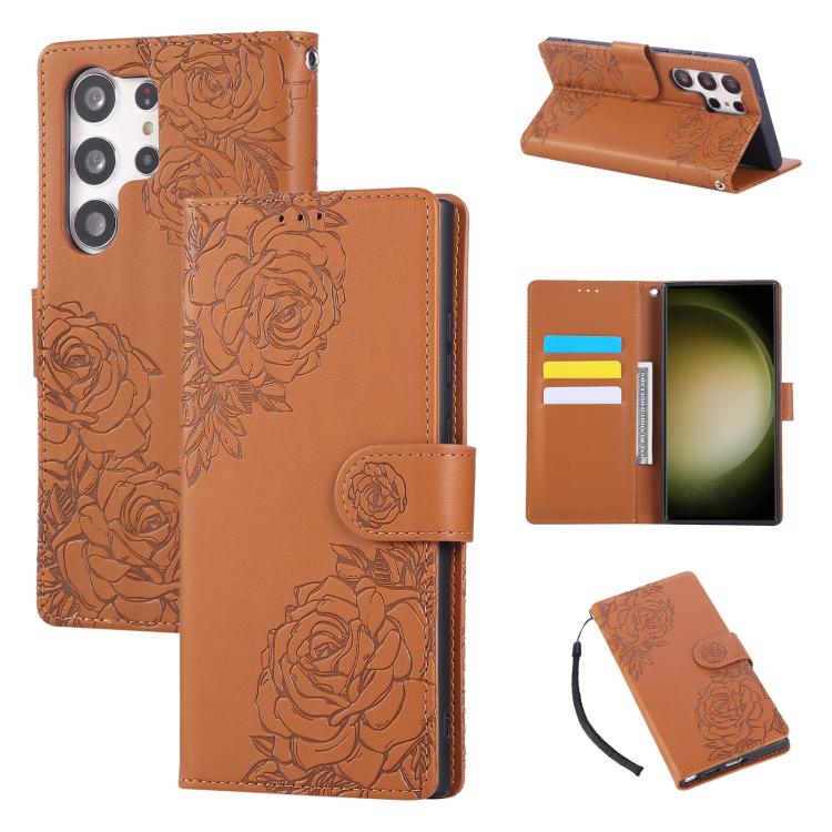 Custodia per telefono in pelle con tre scomparti per carte e motivo a rosa in rilievo., For Samsung Galaxy S24 FE 5G, For Samsung Galaxy S24 Ultra 5G, For Samsung Galaxy S23 FE 5G, For Samsung Galaxy S23 Ultra 5G