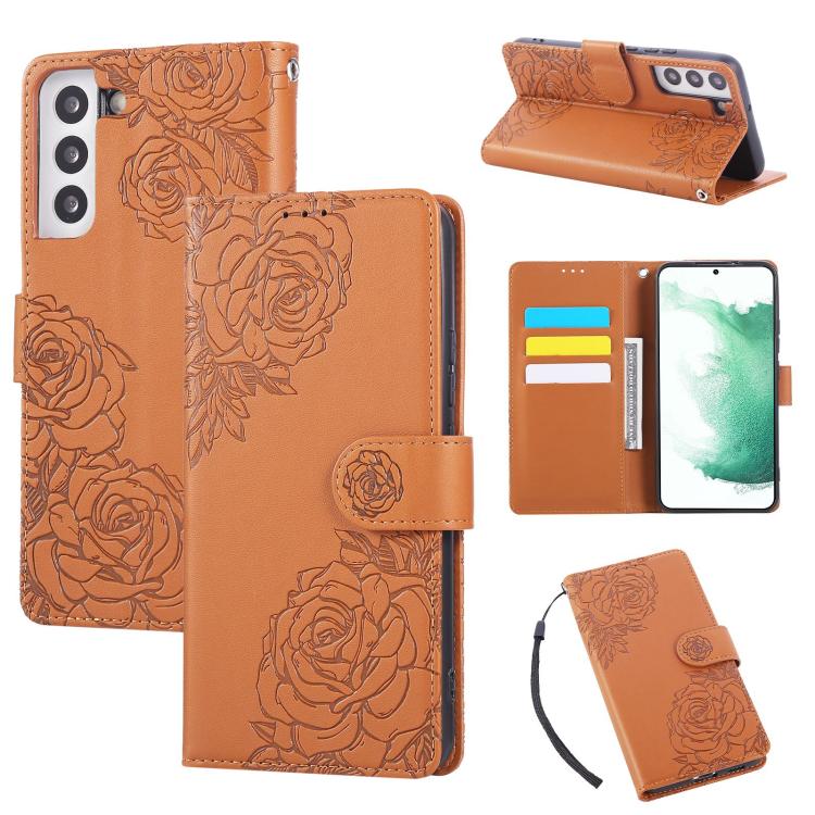 Custodia per telefono in pelle con tre scomparti per carte e motivo a rosa in rilievo., For Samsung Galaxy S22 5G